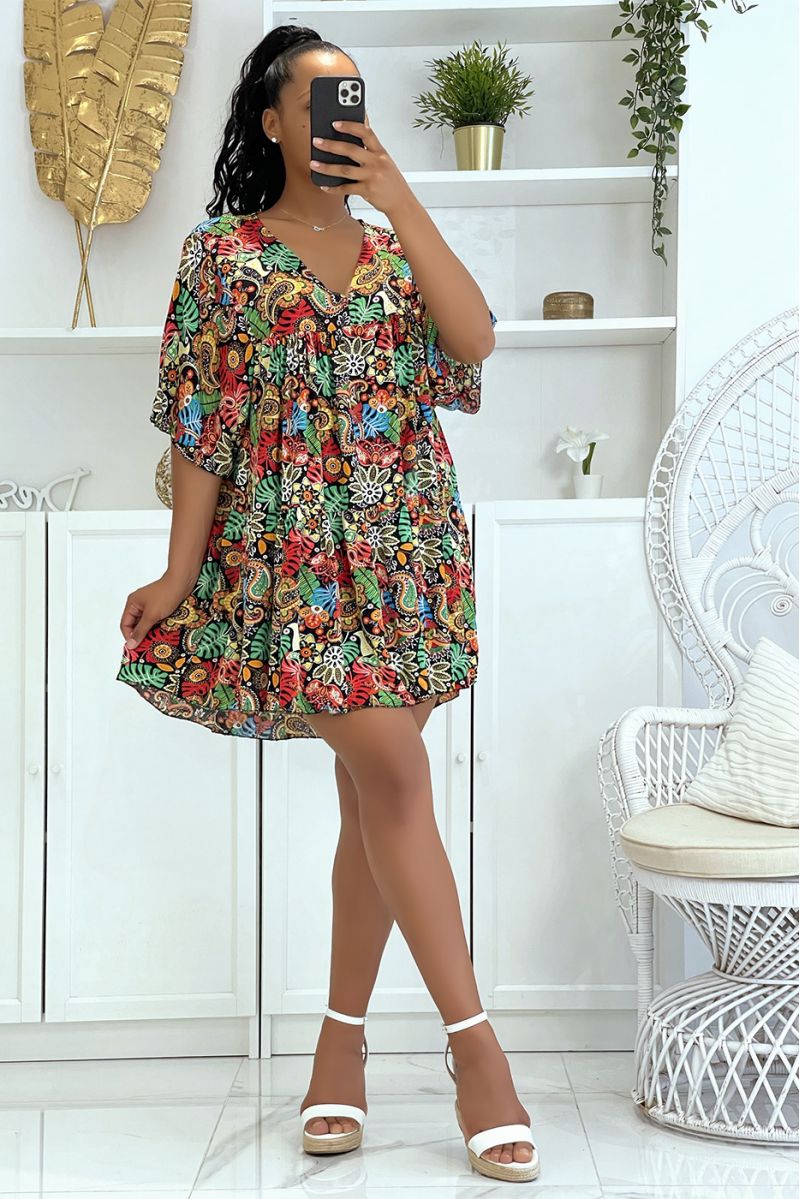 Black tunic dress with multicolored oriental print and loose and comfortable V-neck - 4