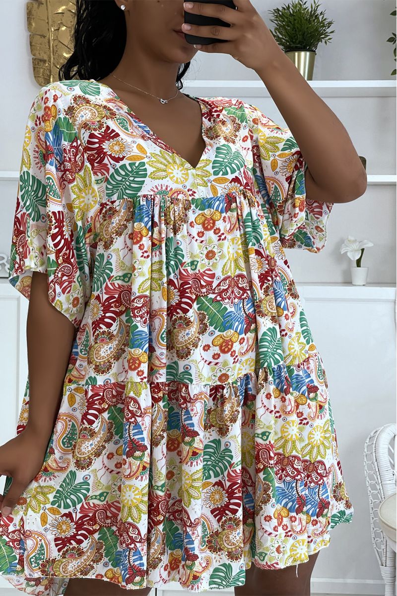 White tunic dress with multicolored oriental print and loose and comfortable V-neck - 1