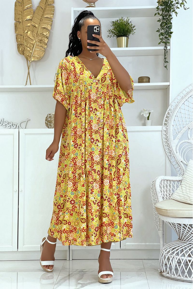 Longue robe jaune à imprimé hyper tendance de la saison ample et confortable  - 4