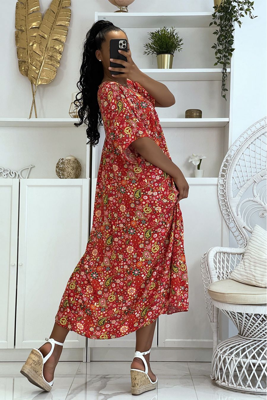 Longue robe rouge à imprimé hyper tendance de la saison ample et confortable - 2