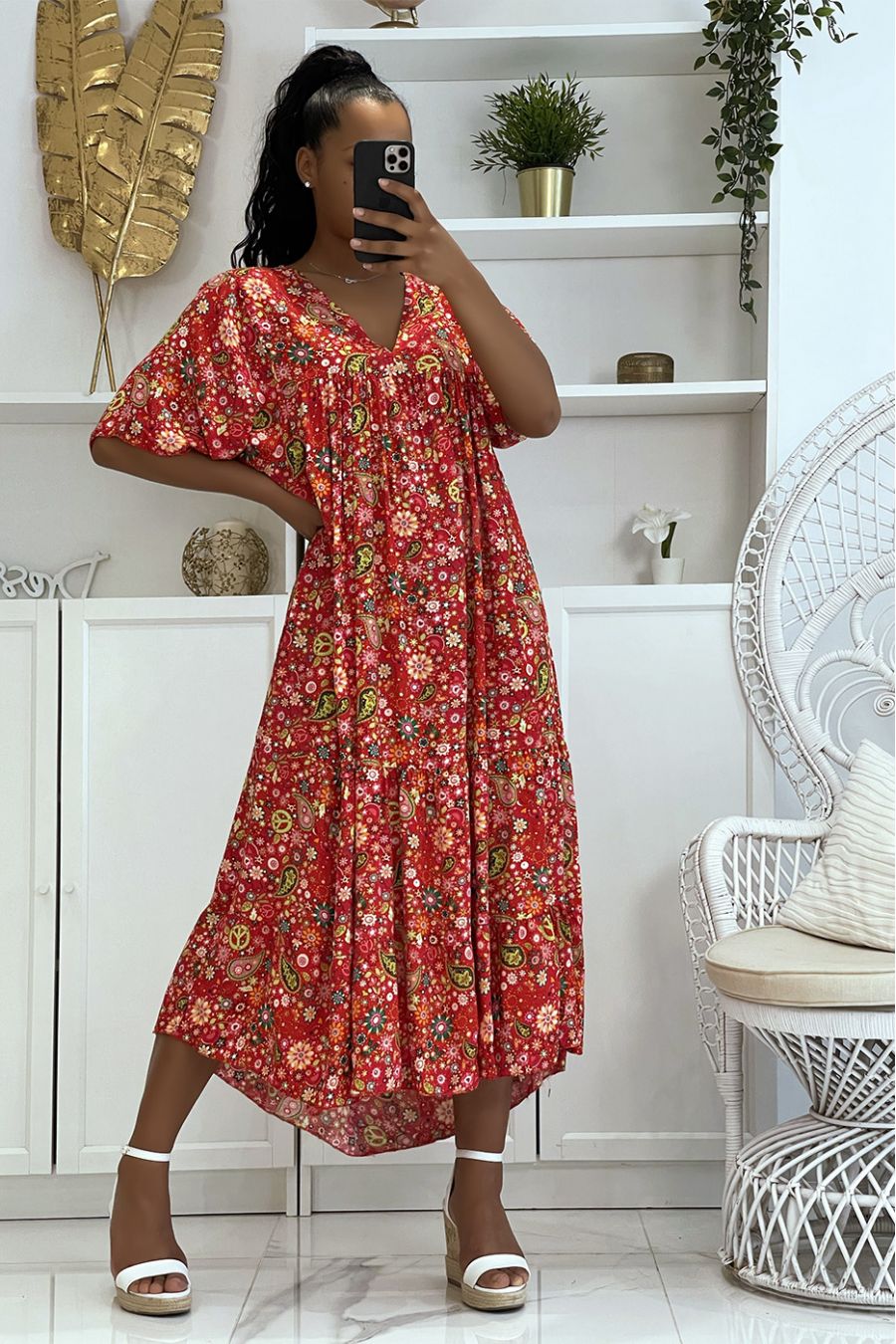 Longue robe rouge à imprimé hyper tendance de la saison ample et confortable - 5