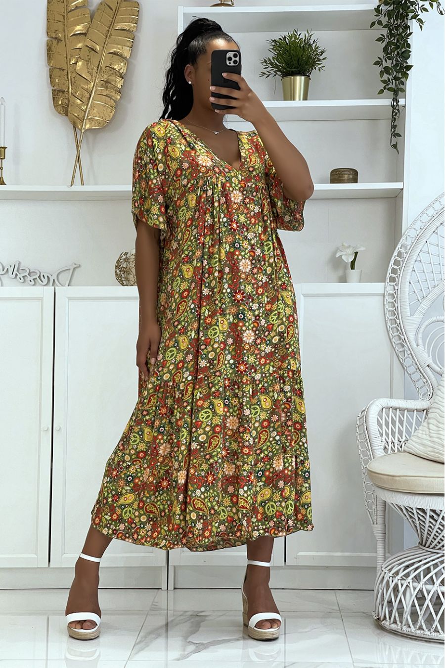 Longue robe vert à imprimé hyper tendance de la saison ample et confortable  - 5