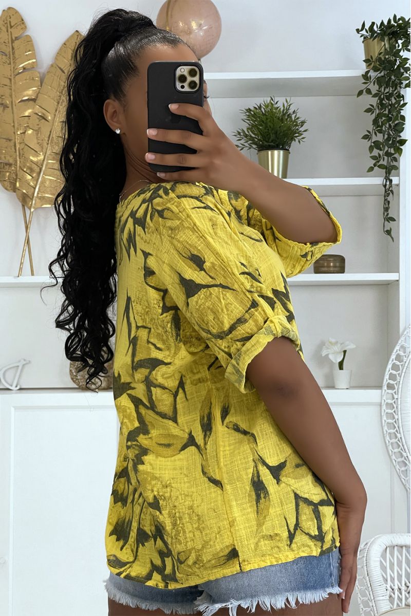 Oversized gele top van wijd en comfortabel katoen met bloemenpatroon en halflange mouwen - 2