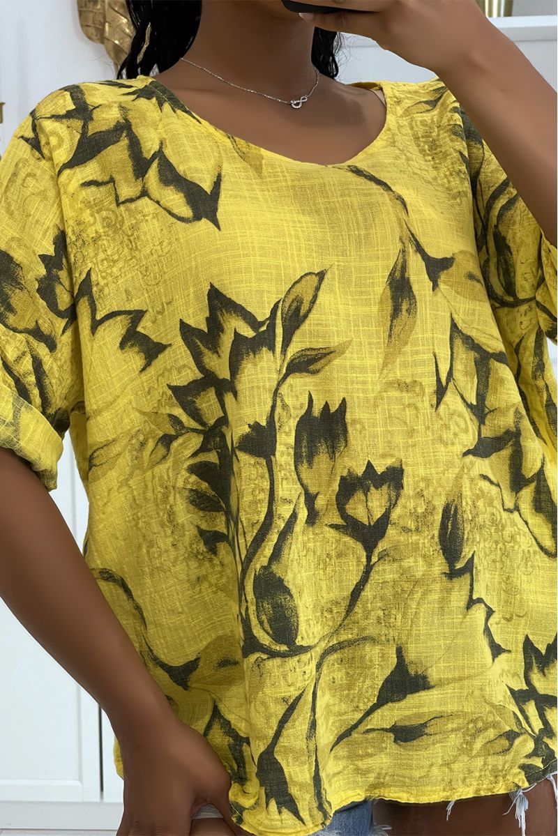 Oversized gele top van wijd en comfortabel katoen met bloemenpatroon en halflange mouwen - 3