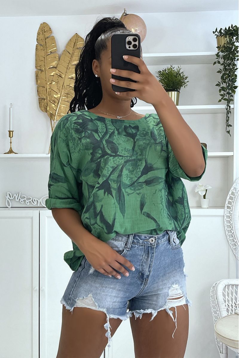 Haut blanc oversize en coton large et confortable avec motif floral et manches mi-longues - 4