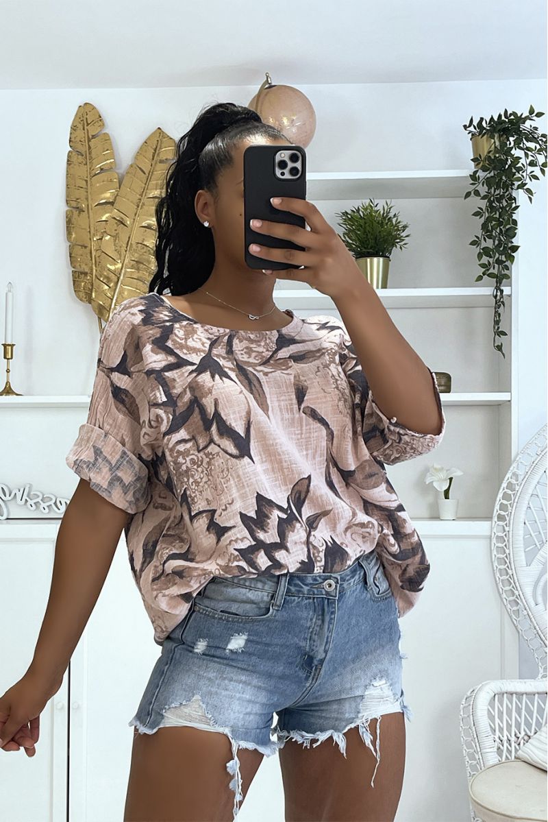 Haut rose oversize en coton large et confortable avec motif floral et manches mi-longues - 1
