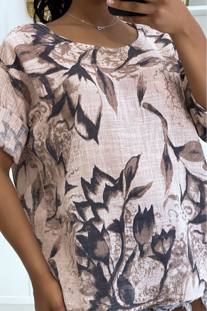 Haut rose oversize en coton large et confortable avec motif floral et manches mi-longues - 3
