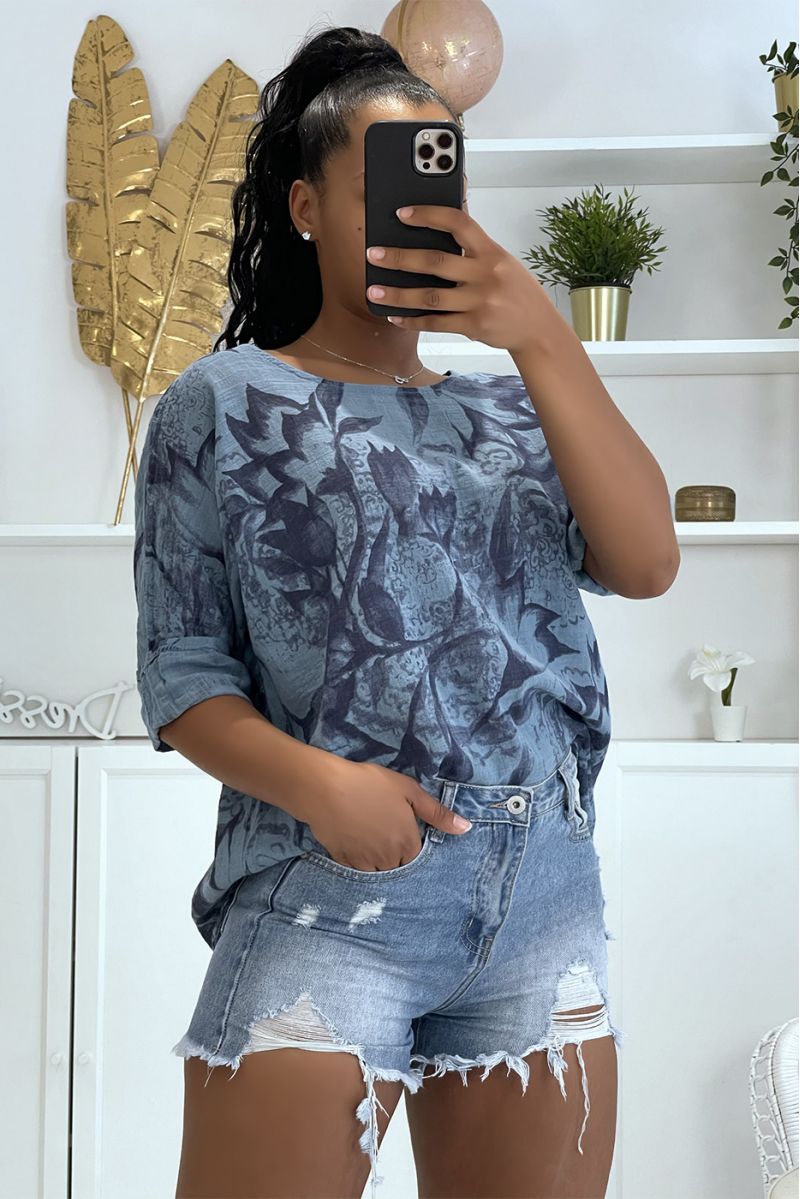 Haut indigo oversize en coton large et confortable avec motif floral et manches mi-longues - 1