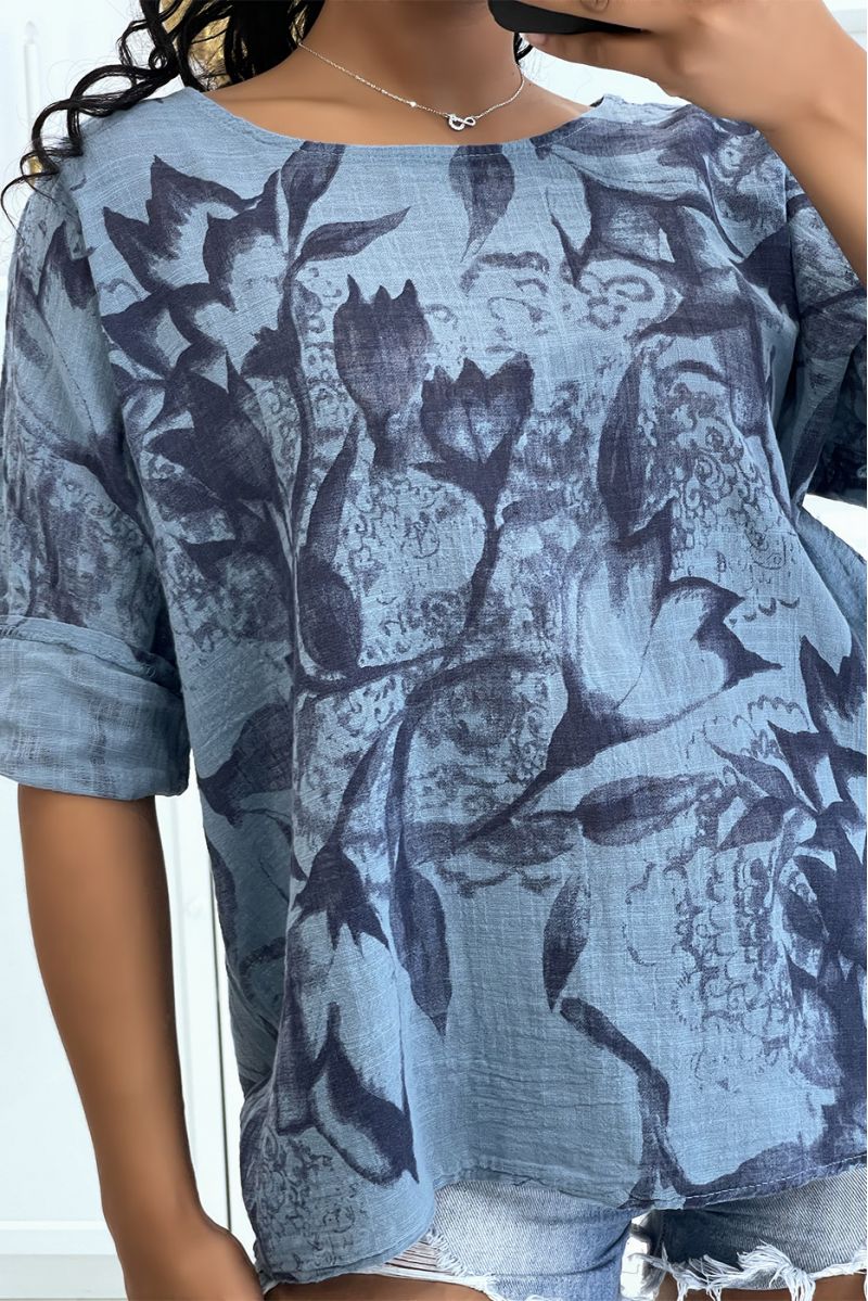 Haut indigo oversize en coton large et confortable avec motif floral et manches mi-longues - 3