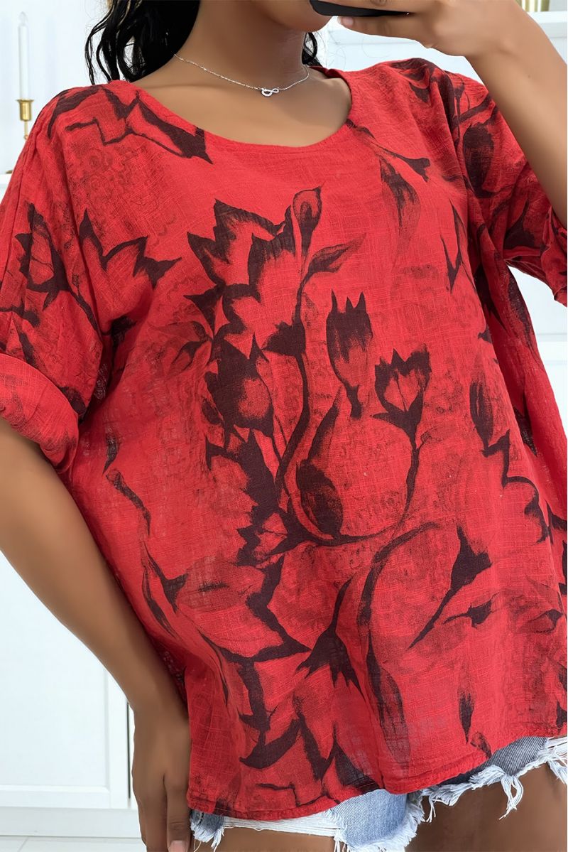 Haut rouge oversize en coton large et confortable avec motif floral et manches mi-longues - 3