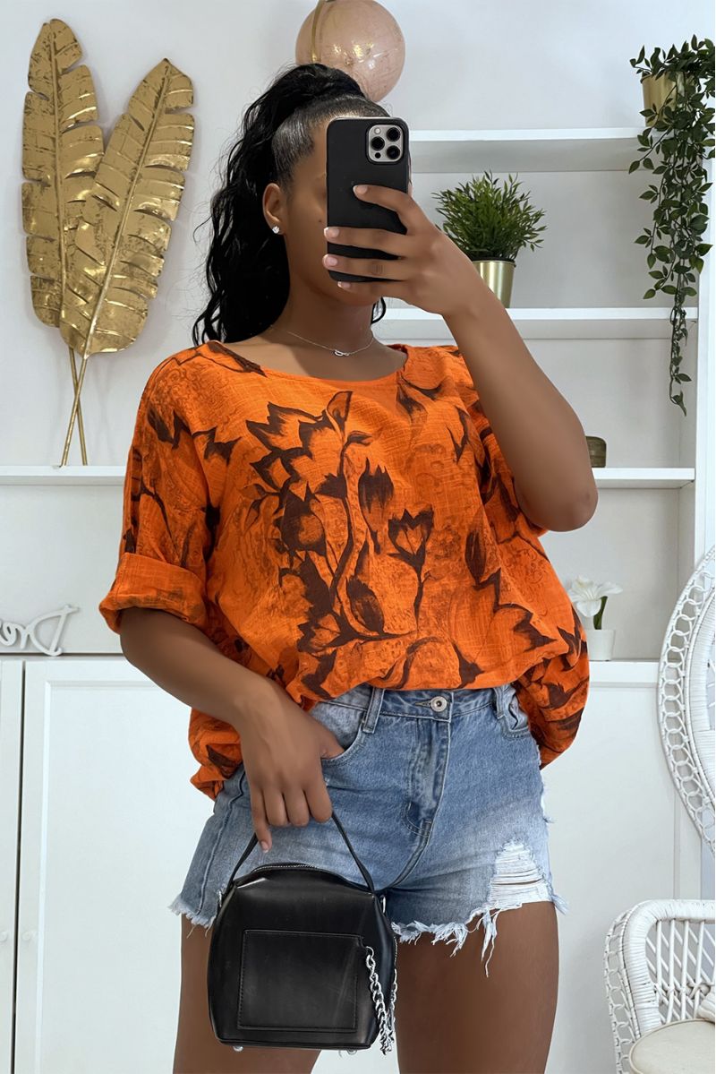 Oversized orange top in wide and comfortable cotton with floral pattern and half-length sleeves - 1
