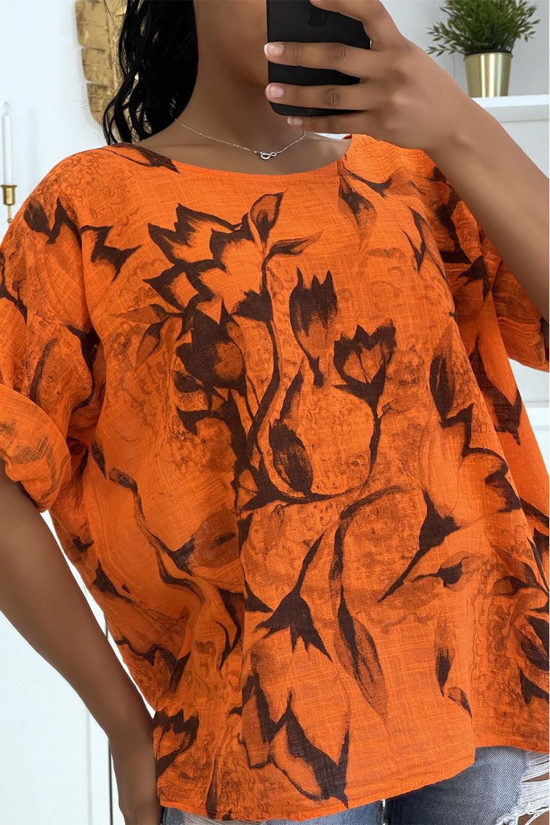 Oversized oranje top van wijd en comfortabel katoen met bloemenpatroon en halflange mouwen - 3