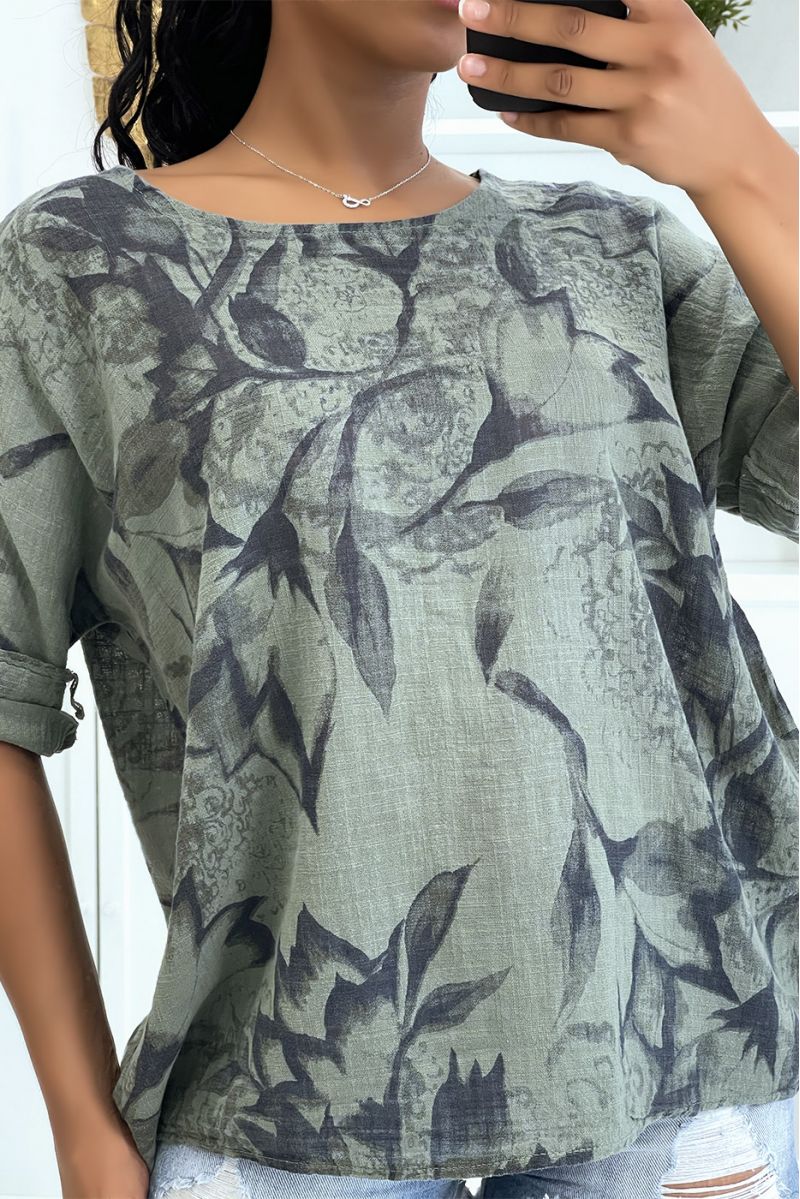 Oversized khaki top in wide and comfortable cotton with floral pattern and half-length sleeves - 3