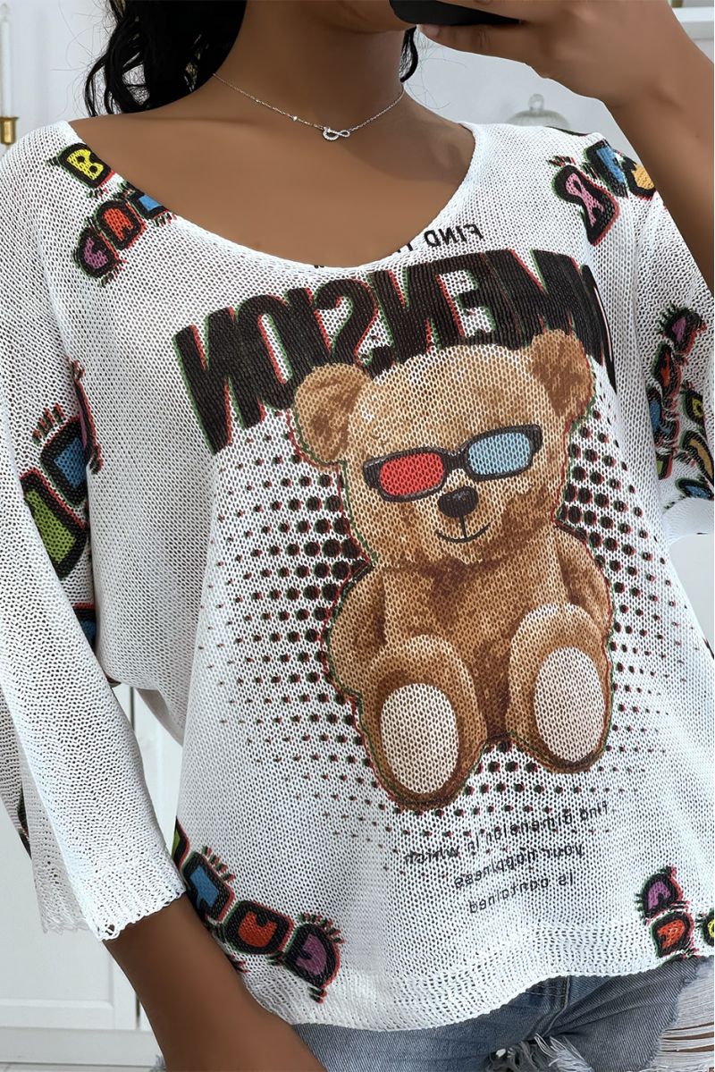 Losse witte mesh top met halflange mouwen en luxe-geïnspireerde teddybeerprints - 1