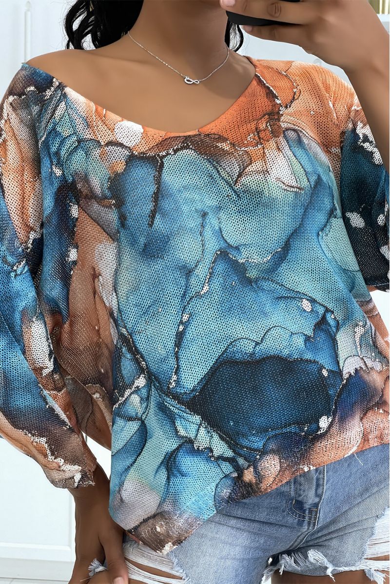 Loose turquoise blue knit top with half-length sleeves and mix of orange and blue - 2
