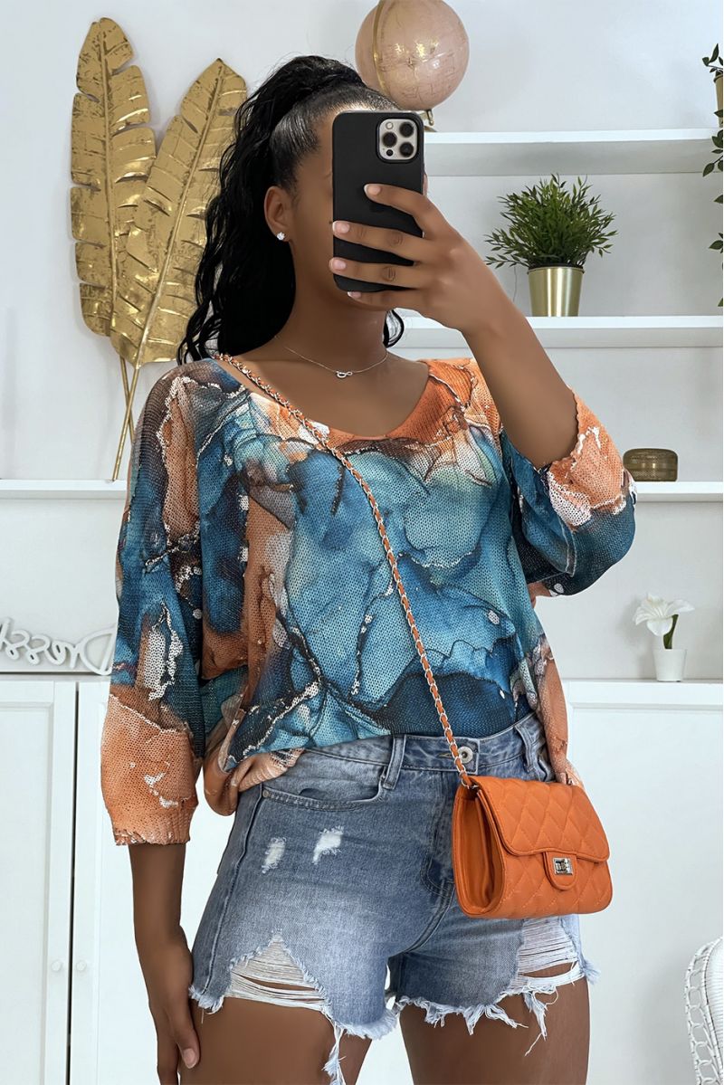 Loose turquoise blue knit top with half-length sleeves and mix of orange and blue - 3