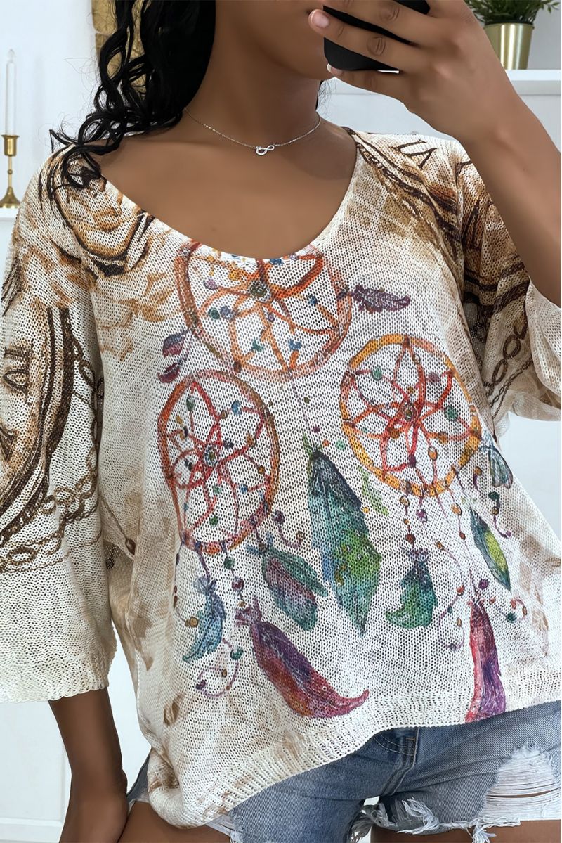 Loose-fitting beige knit top with half-length sleeves writings and dreamcatcher drawings - 2