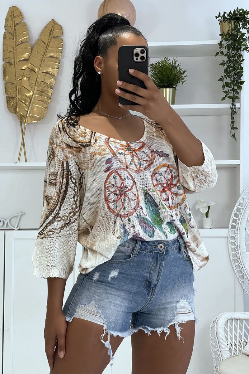 Loose-fitting beige knit top with half-length sleeves writings and dreamcatcher drawings - 3