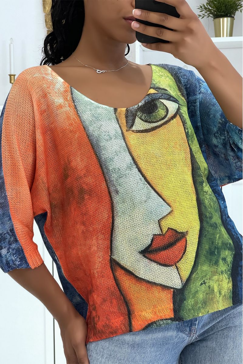 Loose royal orange and green knit top with half-length sleeves and drawings of a face - 2
