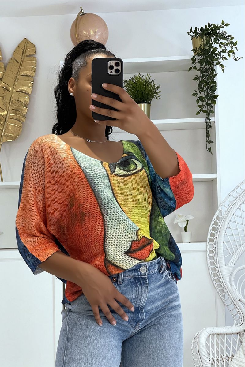 Loose royal orange and green knit top with half-length sleeves and drawings of a face - 3