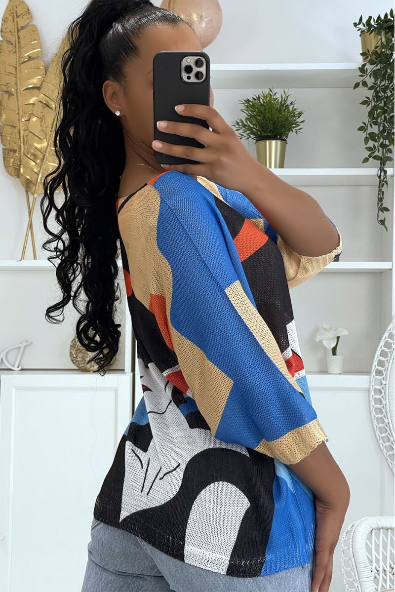 Haut ample orange royal et beige en maille à manches mi-longues et motifs femme à chapeau - 1