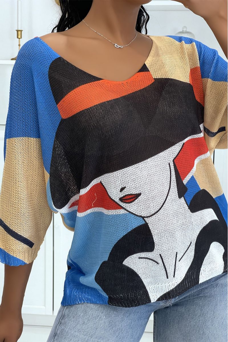 Loose royal orange and beige knit top with half-length sleeves and woman with hat patterns - 2