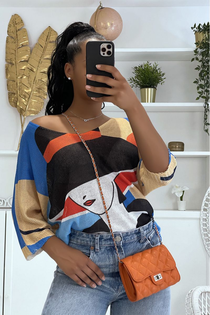 Losse koninklijk oranje en beige gebreide top met halflange mouwen en vrouw met hoedpatronen - 3