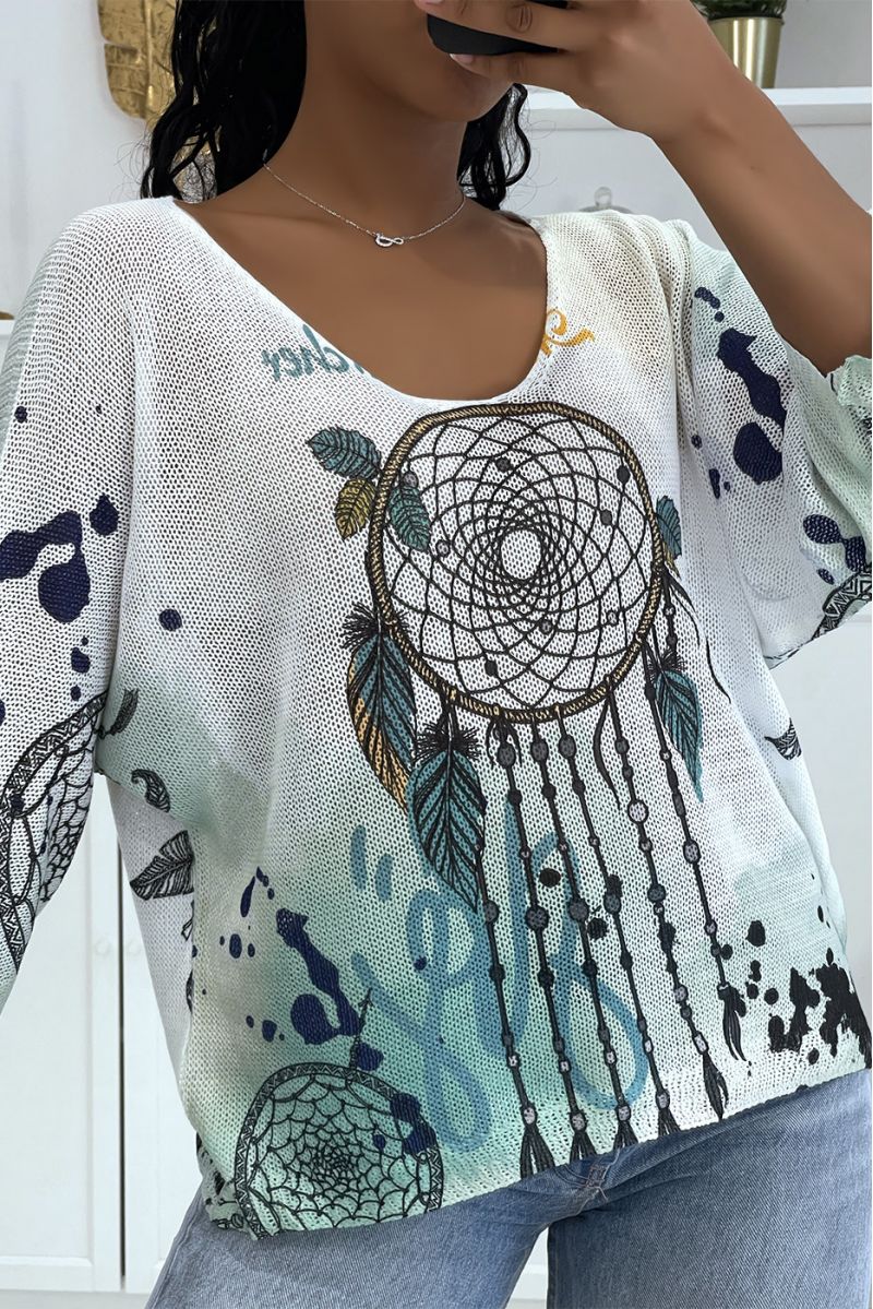Loose-fitting white knit top with mid-length sleeves with dream catcher pattern and green tie and die - 2