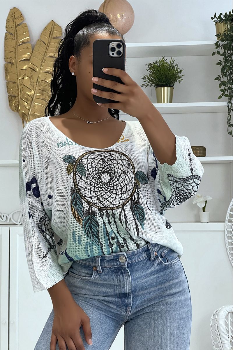 Loose-fitting white knit top with mid-length sleeves with dream catcher pattern and green tie and die - 3