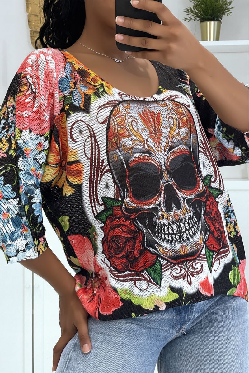 Haut ample blanc en maille à manches mi-longues à motif tête de mort et motif multicolore - 3