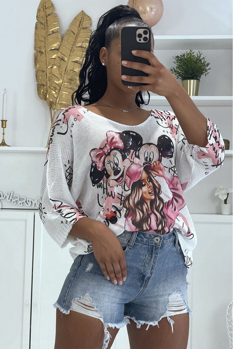 Loose white knit top with half-long sleeves with Disney Mikey pattern and drawing of a woman Rose - 1