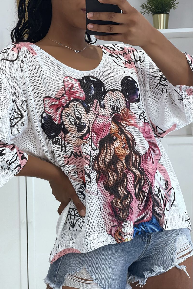 Loose white knit top with half-long sleeves with Disney Mikey pattern and drawing of a woman Rose - 3