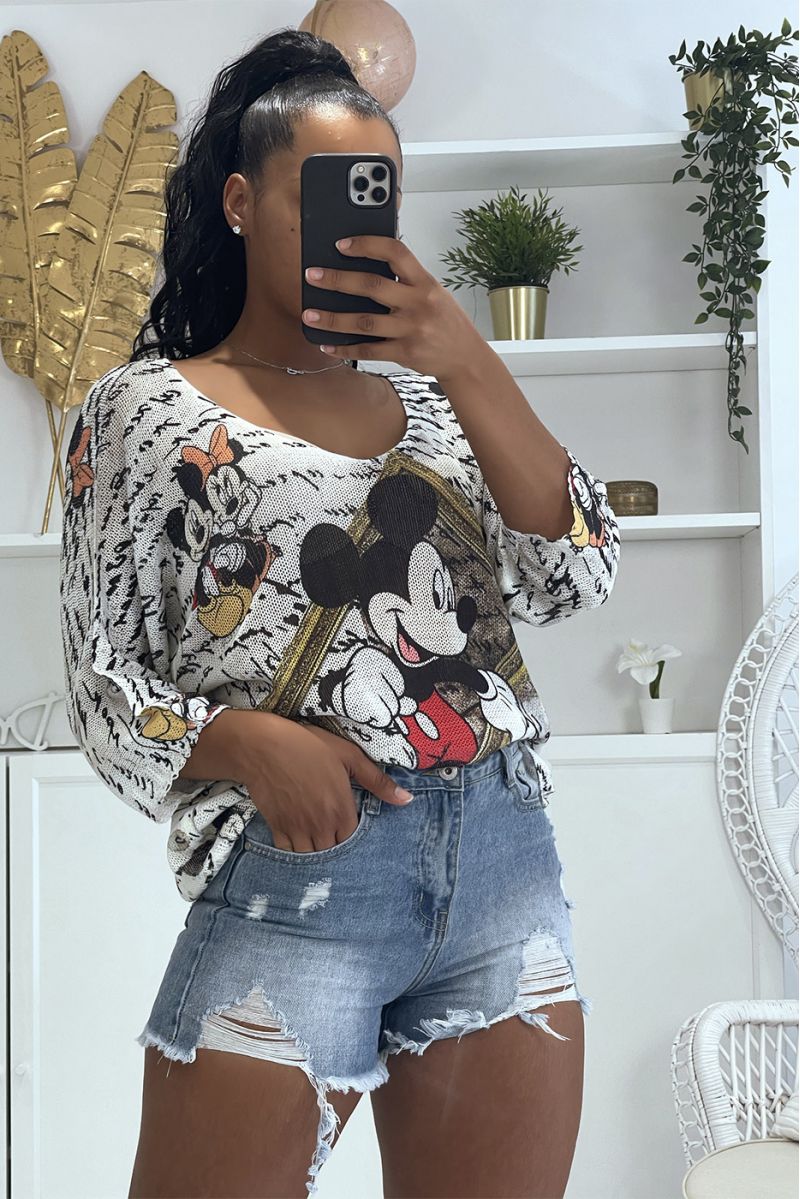 Loose gray mesh top with half-length sleeves with disney mikey and writing pattern - 1