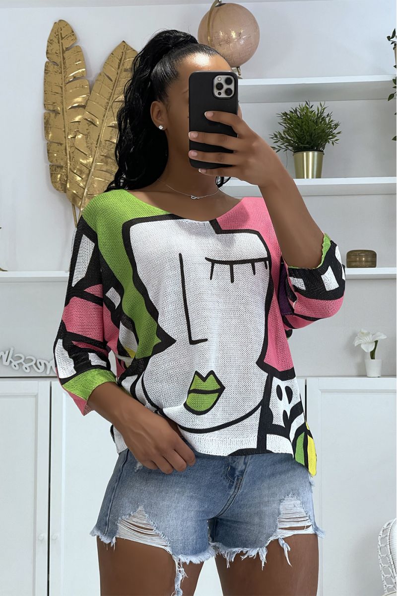 Green Mesh Half Sleeve Loose Top With Blue Green Yellow Face Mosaic Print - 1
