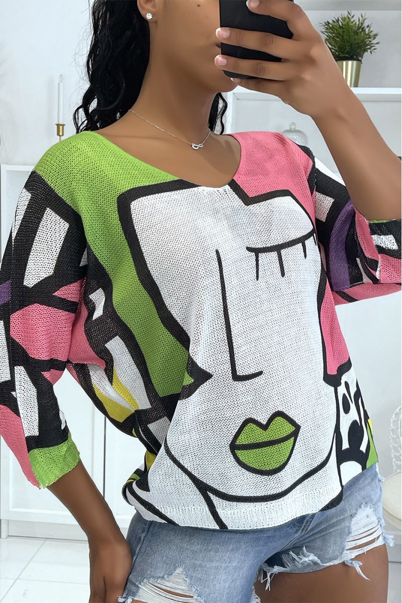 Green Mesh Half Sleeve Loose Top With Blue Green Yellow Face Mosaic Print - 3