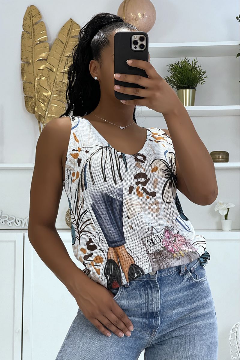 Wit gebreide tanktop met V-hals met kleurvlekkenpatronen en tekeningen van vrouwelijke benen - 1