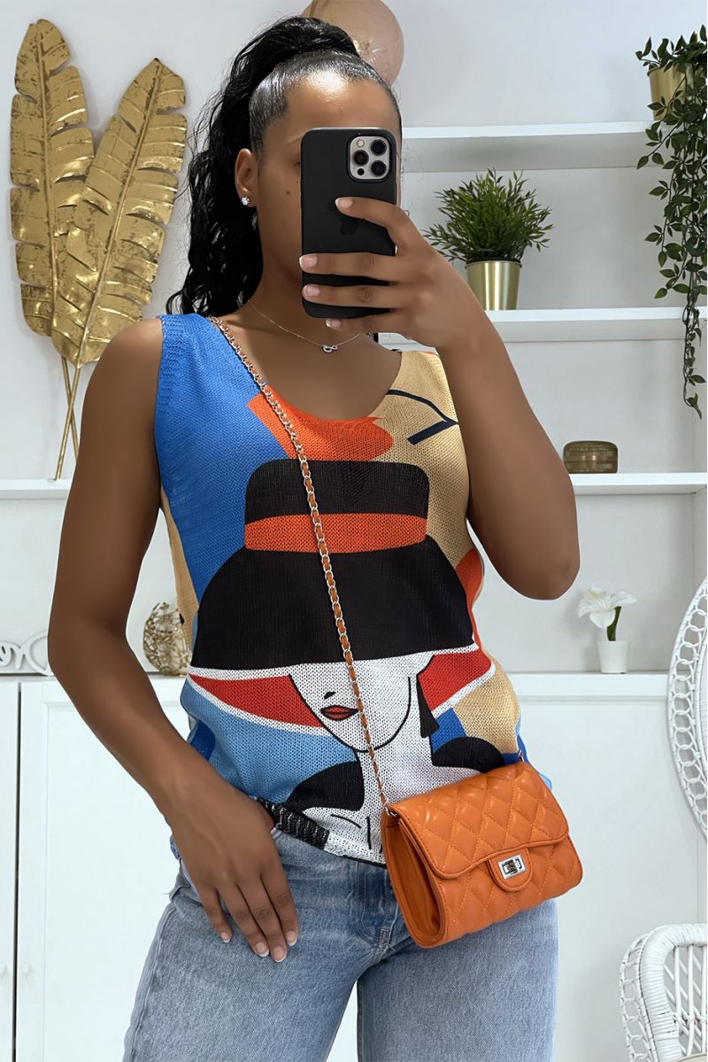 Débardeur royal en maille col V à motifs mosaïque royal orange et beige - 1