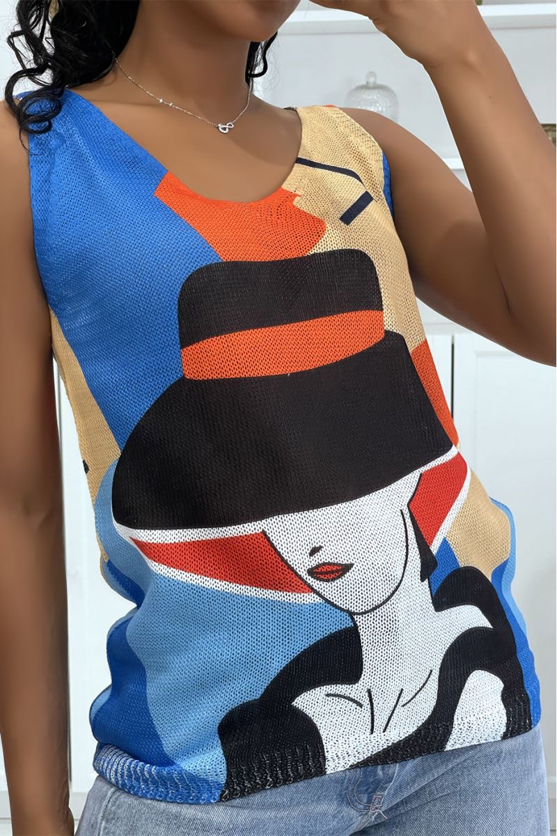 Royal gebreide tanktop met V-hals en koninklijk oranje en beige mozaïekpatronen - 3
