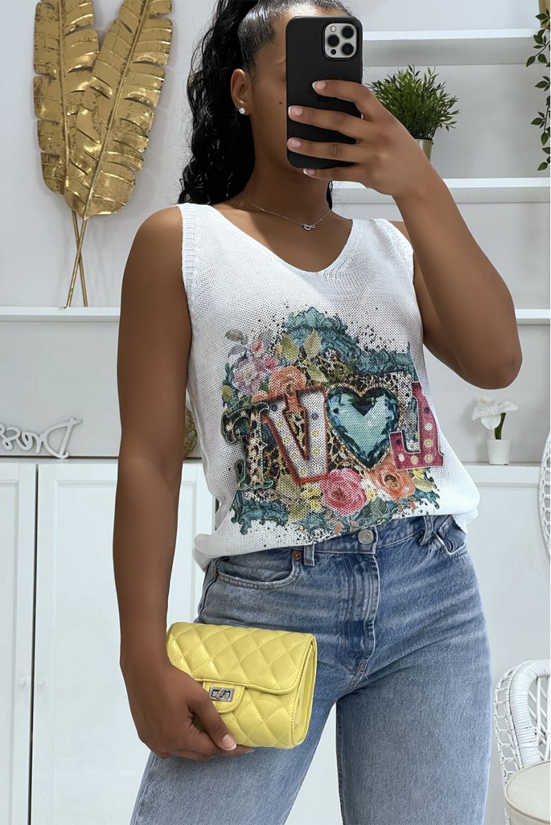 Witte gebreide tanktop met V-hals, LOVE-schrift en veelkleurige ontwerpen - 1