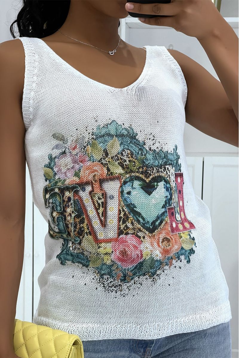 Witte gebreide tanktop met V-hals, LOVE-schrift en veelkleurige ontwerpen - 3