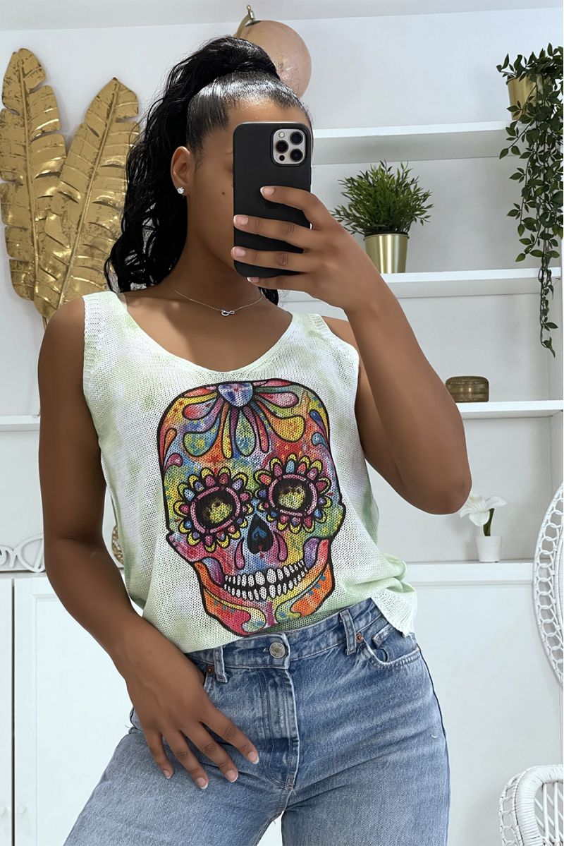 Groen en witte gebreide tanktop met V-hals en veelkleurige schedelpatronen - 1