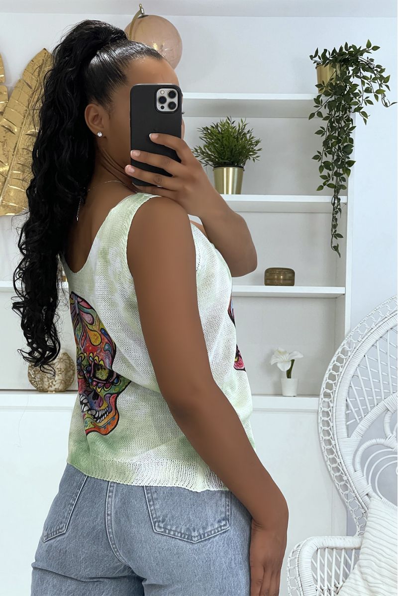 Groen en witte gebreide tanktop met V-hals en veelkleurige schedelpatronen - 2