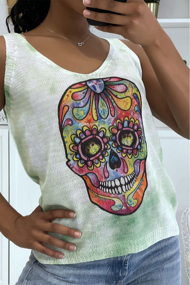 Débardeur vert et blanc en maille col V à motifs tête de mort multicolores - 3