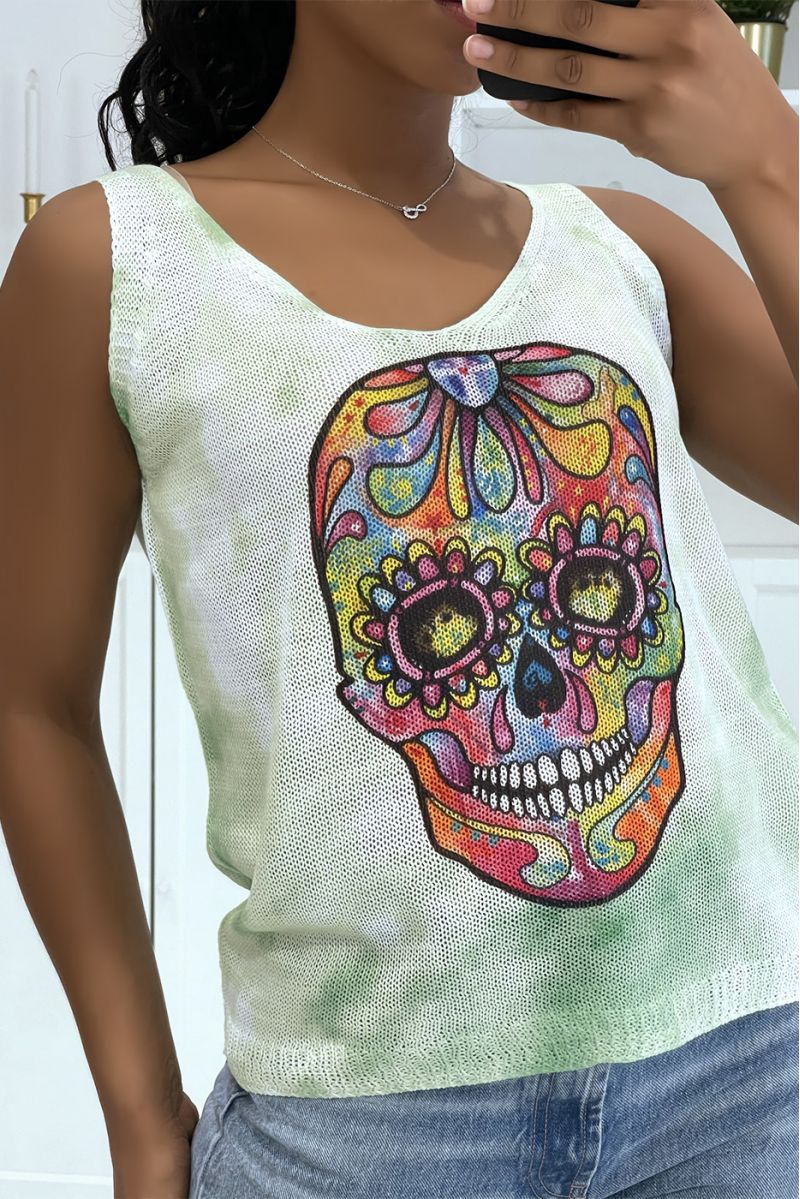 Groen en witte gebreide tanktop met V-hals en veelkleurige schedelpatronen - 4