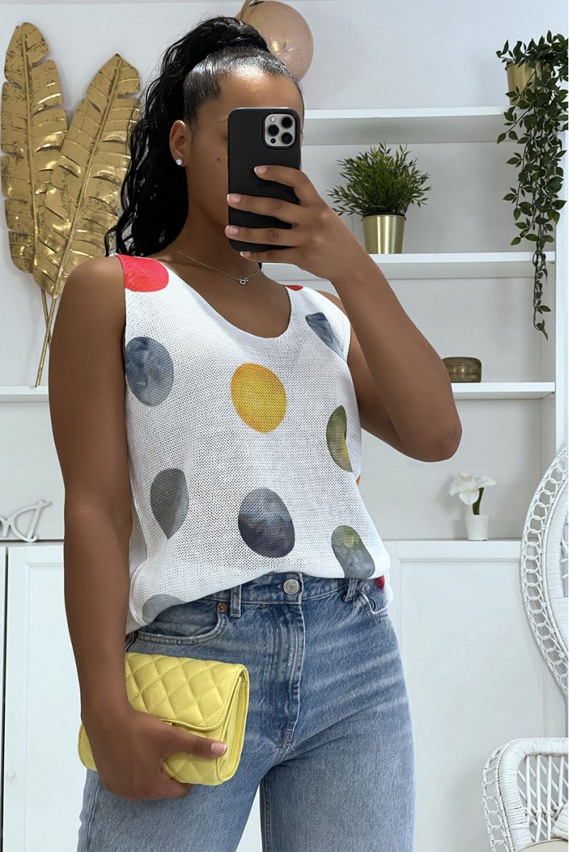 Witte gebreide tanktop met V-hals en vliegende ballonpatronen - 1