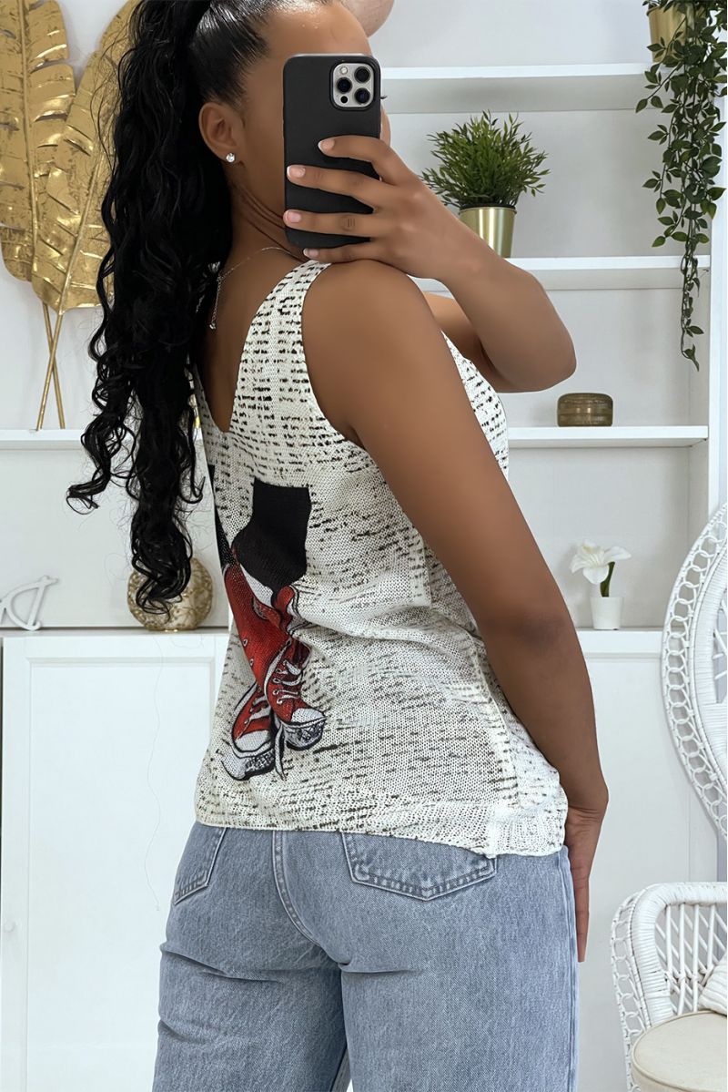 V-neck beige knit tank top with trendy red and white converse basketball patterns - 2