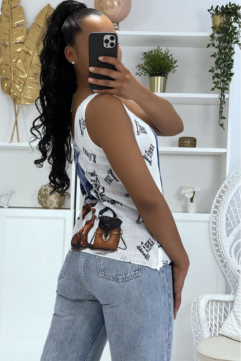 White knit V-neck tank top with female legs pattern and quote in English - 1