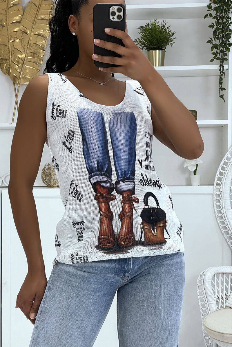 White knit V-neck tank top with female legs pattern and quote in English - 2