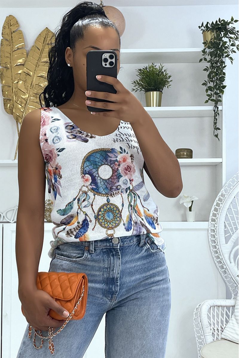 White V-neck knit tank top with blue dream catcher patterns - 1