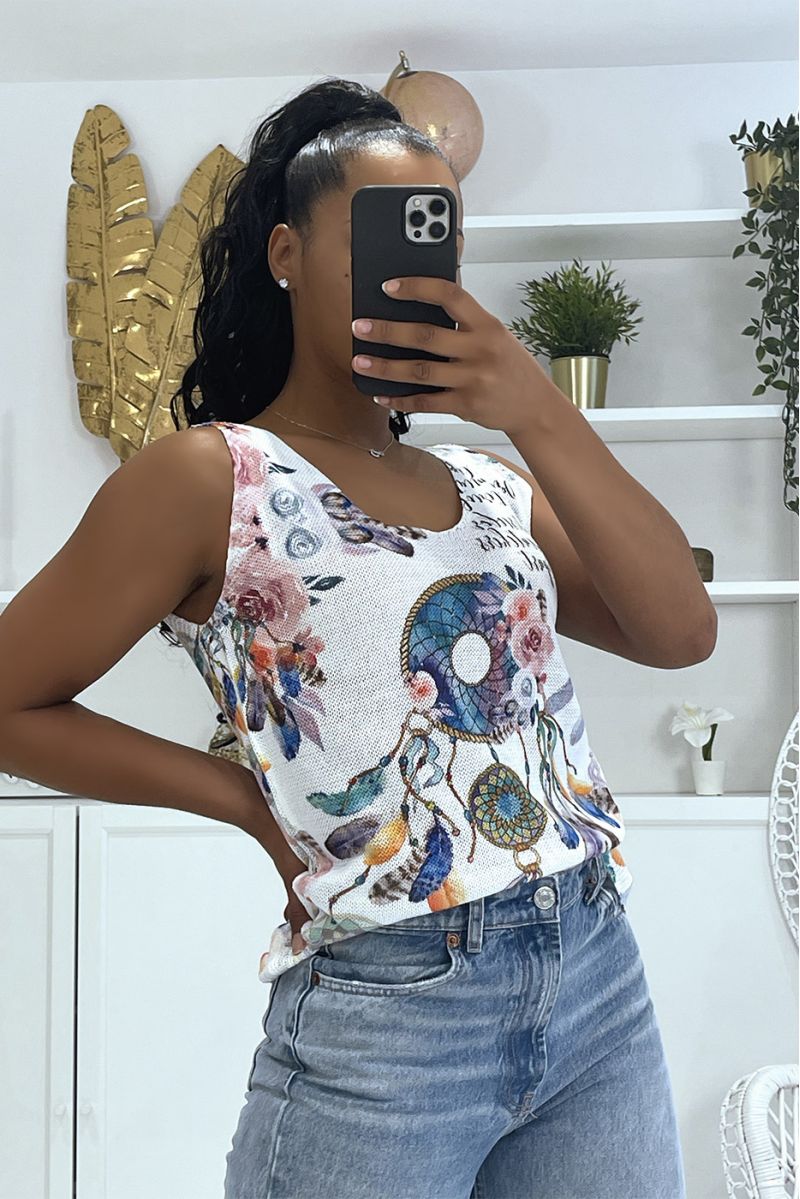 White V-neck knit tank top with blue dream catcher patterns - 2